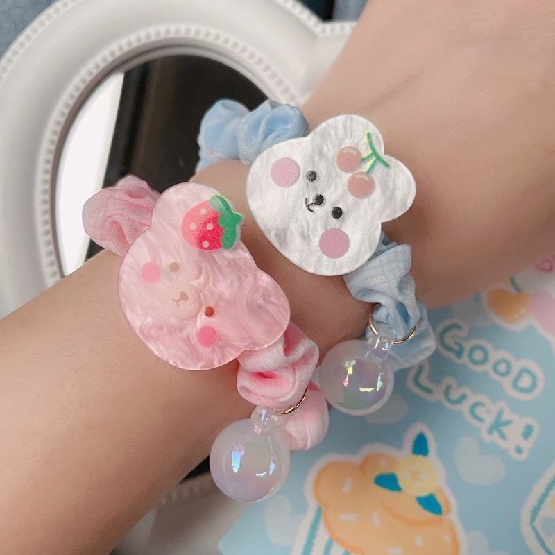 ยางรัดผม แบบยืดหยุ่น ขนาดใหญ่ ลายหมีสตรอเบอร์รี่ สไตล์ญี่ปุ่น แฟชั่นสําหรับผู้หญิง