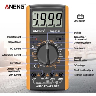 Aneng An9205A มัลติมิเตอร์ดิจิตอล 3 1/2 หน้าจอ LCD 1999 Count Range Universal Meter AC DC ความต้านทานประจุกระแสไฟ