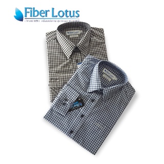 เสื้อเชิ้ตFiberLotus แขนยาว ลายสก๊อต ทรงslimfit  ผ้าคอตต้อน สีเทา/สีฟ้า เกรดพรีเมี่ยม หรูหรา