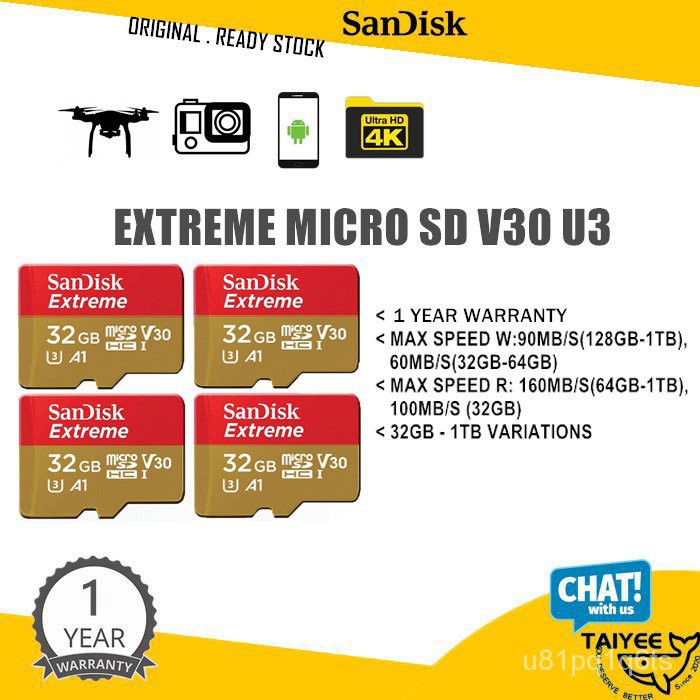 SanDisk Extreme เมมโมรี่การ์ดของแท้ Micro SD Card 32GB ความเร็ว อ่าน 100MBs เขียน 60MBs (SDSQXAF-032G-GN6MA) s1PY