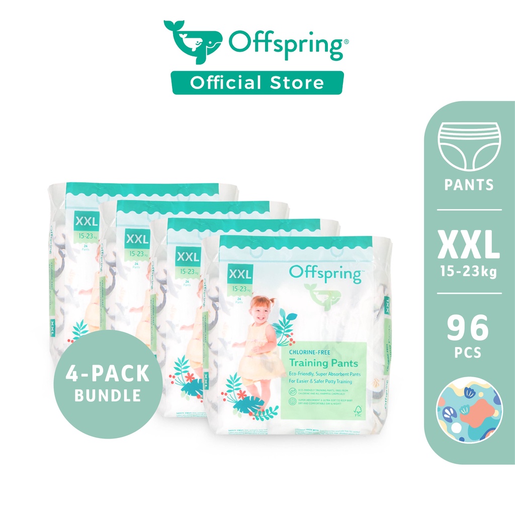 ผ้าอ้อม Offspring รุ่นกางเกง ไซต์ XXL (15-23kg) ยกลัง 4 แพค 96 ชิ้น Offspring Fashion Pants XXL (15-23kg) Bundle 4packs