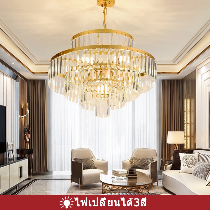 เหล็กดัดโกลเด้นโคมระย้าคริสตัล LED ร้านอาหารที่ทันสมัยศึกษาแสงแสงทางเดินกล่องไฟ โคมไฟเปลี่ยนสี 3สี crystal Light