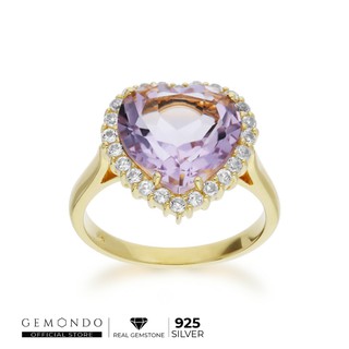 Gemondo แหวนผู้หญิง เงินแท้ 925 ชุบทอง 18K ประดับพลอยแท้ แอเมทิสต์ชมพู  รูปหัวใจ และเพทายไร้ : แหวนพลอย แหวนอัญมณี