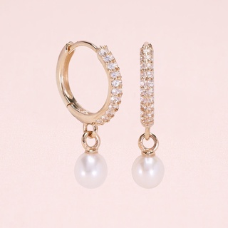 Grace Fine Jewelry ต่างหูห่วงทองแท้ 9K Akoya Pearl Charm  with Pave White Sapphire