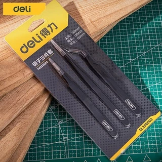 Deli 3ชิ้น ปากคีบ แหนบ ที่คีบเพชร ปากคีบตรง ปากคีบโค้ง ปากขบกันหมดไม่มีบาก ป้องกันไฟฟ้าสถิตย์ วัสดุสแตนเลส tweezer