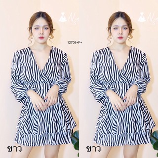 AT12708  Jumpsuit ลายม้าลายคอวีไขว้แขนยาว