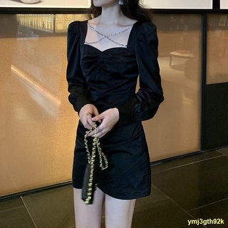 SPOT#👑พลัสขนาดชุดเดรสคอสี่เหลี่ยมย้อนยุคแขนยาว Hepburn ชุดเดรสสีดำ Little
