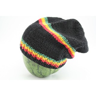 สินค้าราสต้า Beanie Black Long Forehead and Middle Stripes Green Yellow Red หมวกถักราสต้าสีดำแบบยาว﻿ RASTA SLOUCHY BEANI