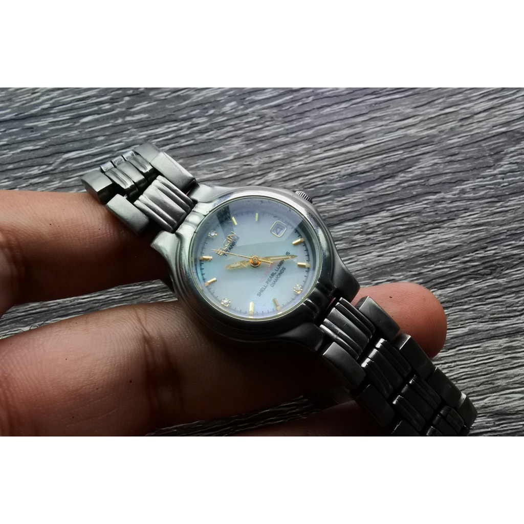 นาฬิกา Vintage มือสองญี่ปุ่น Elgin Titanium Diamond ระบบ Solar Power ผู้หญิง เพชรแท้ สภาพดี ของแท้ 100% หน้าปัด 25mm