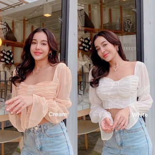 💫New💫(พร้อมส่ง)Crop เสื้อครอปชีฟองซิปข้าง แขนจั๊ม