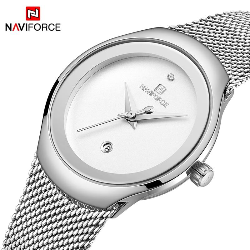 NAVIFORCE ผู้หญิงนาฬิกายอดนิยมแบรนด์หรูเลดี้แฟชั่นที่เรียบง่ายสบาย ๆ เหล็กตาข่ายสายนาฬิกาข้อมือ