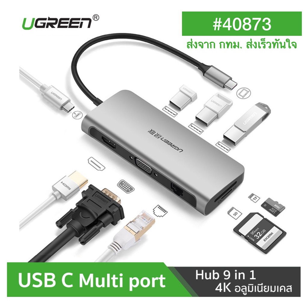 พร้อมส่ง UGREEN 40873 USB C USB3.1 ตัวแปลง TYPE C Hub 9in1 to HDMI4K