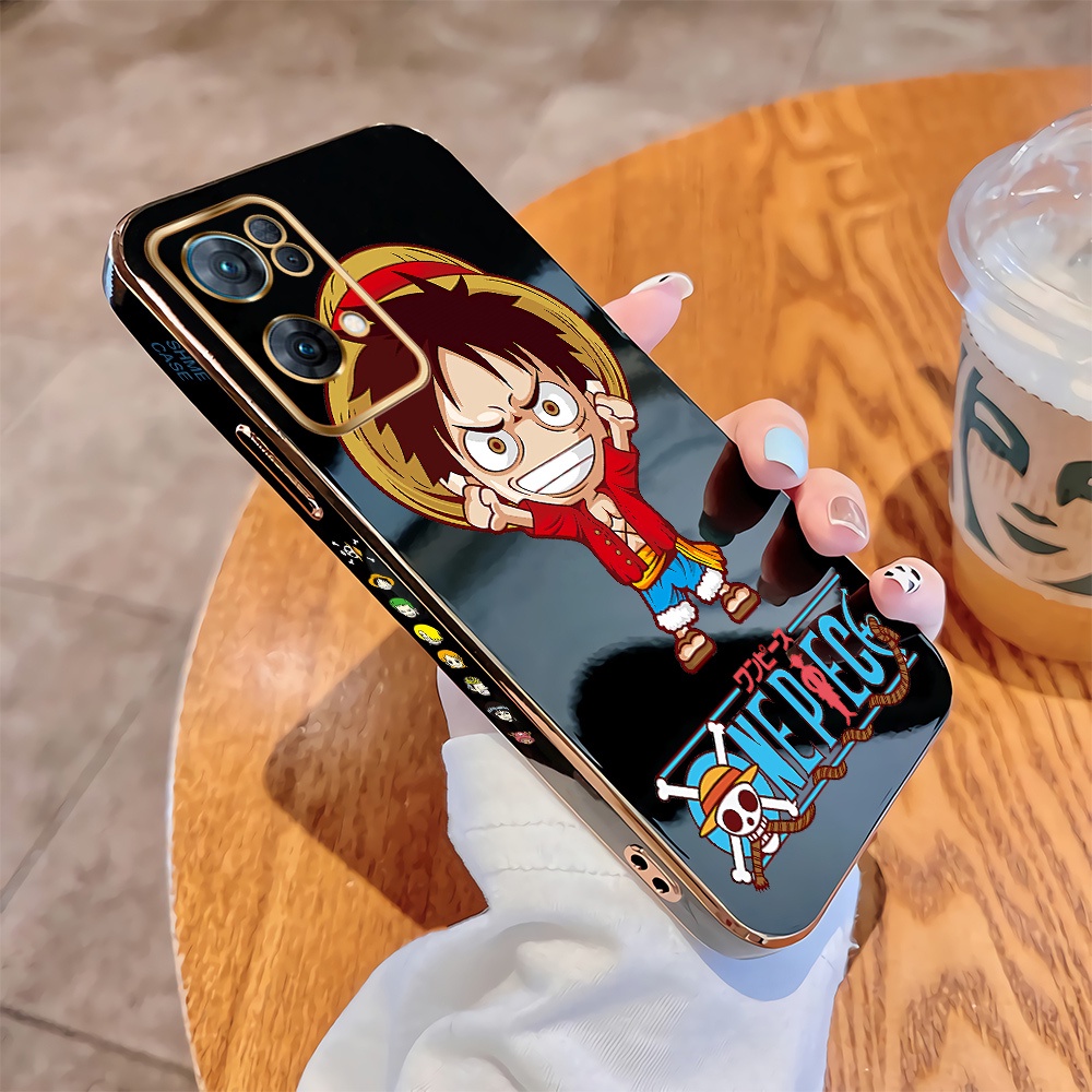 (เชือกเส้นเล็กฟรี) ปลอก OPPO Reno 7 4G/5G Reno7 Z 5G Reno7 Pro 5G การ์ตูน (OnePiece) Luffy คลุมทั้งหมดขอบสี่เหลี่ยมออกแบบลวดลายหรูหราชุบเคสใส่โทรศัพท์นุ่ม