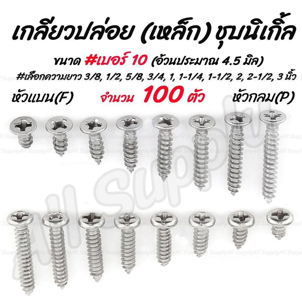 โปรลดพิเศษ (100ตัว) สกรู เกลียวปล่อย เหล็ก ชุบนิเกิ้ล หัวP หัวกลม/ หัวF หัวแบน #เบอร์10  #เลือกความยาว 3/8 ถึง 3นิ้ว