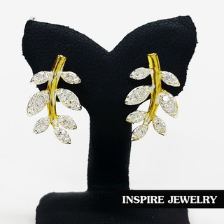 Inspire Jewelry ต่างหูรูปใบมะกอกฝังเพชรCZ งานดีไซด์ size 0.8x1.5cm. งานแบบร้านเพชร พร้อมกล่องทองกลมสีแดงแบบร้านทอง