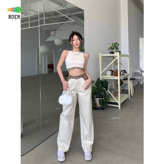 NINI [summer new] color matching high waist slimming straight jeans summer design sense retro student New zipper wide leg trousers for children