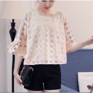 เสื้อแฟชั่นผ้าโปร่งซับใน อก44”