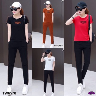 TwinsShopVip💗พร้อมส่ง TW6570Set 2 ชิ้น เสื้อสีพื้นเรียบสกรีน SUPERIOR+กางเกงขายาวแต่งแถบ