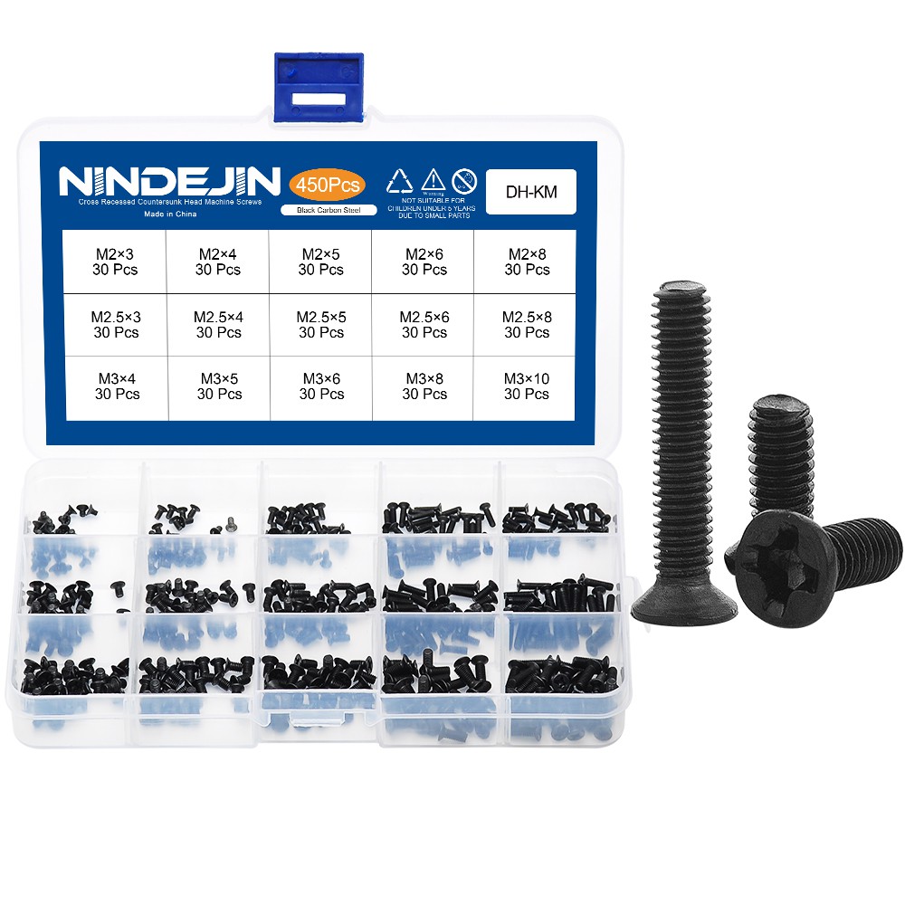 NINDEJIN 450 ชิ้นหัวแบนฟิลลิปหัวแบนชุดสกรูขนาดเล็ก M2 M2.5 m3 เหล็กกล้าคาร์บอนคอมพิวเตอร์โน๊ตบุ๊คแล็ปท็อปชุดสกรู