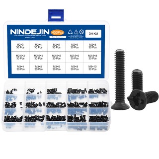 NINDEJIN 450 ชิ้นหัวแบนฟิลลิปหัวแบนชุดสกรูขนาดเล็ก M2 M2.5 m3 เหล็กกล้าคาร์บอนคอมพิวเตอร์โน๊ตบุ๊คแล็ปท็อปชุดสกรู