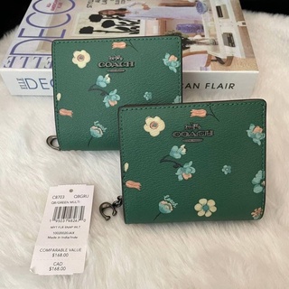 💐✨ COACH SNAP WALLET IN SIGNATURE CANVAS WITH WILDFLOWER PRINT สีเขียวลายดอกไม้✨💐