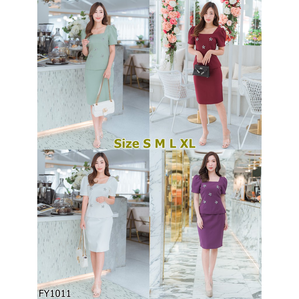 Iงานป้าย Fairyangel 1011 {S-XL} (ป้ายแท้) มี 4 ไซส์ ชุดเซทเสื้อคอเหลี่ยม แขนตุ๊กตา+กระโปรงสั้น