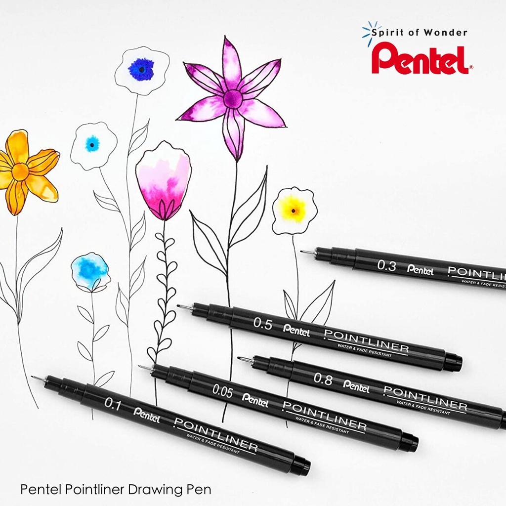 Pentel ปากกาตัดเส้น เพนเทล Pointliner หมึกสีดำ ขนาด 0.05, 0.1, 0.3, 0.5, 0.8mm