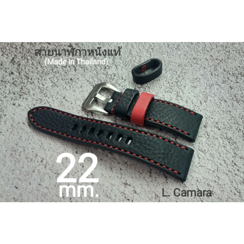 สายนาฬิกาหนังแท้ หนังดำ ด้ายแดง Watch Straps ขนาด 22 mm. แถม!! สปริงบาร์ 1 คู่ (ผลิตในไทย)