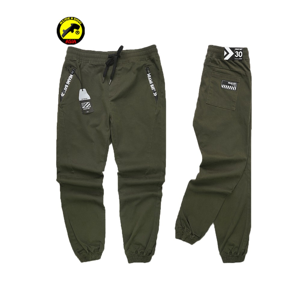 Miamibay jogger กางเกงขาจั๊ม รุ่น Army Pants สีเขียวเข้ม แฟชั่น ผ้าชิโน่ Chino ฟอกนุ่ม ยืดหยุ่น ใส่ส