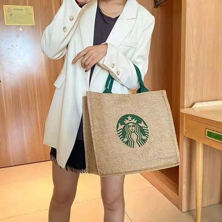 กระเป๋าสตาร์บัคStarbucksย้อนยุคถุงผ้าลินินผ้าฝ้ายหยาบถุงผ้าลินินกันน้ำด้วยฟิล์มการคุ้มครองสิ่งแวดล้อมแฟชั่นที่เรียบง่าย