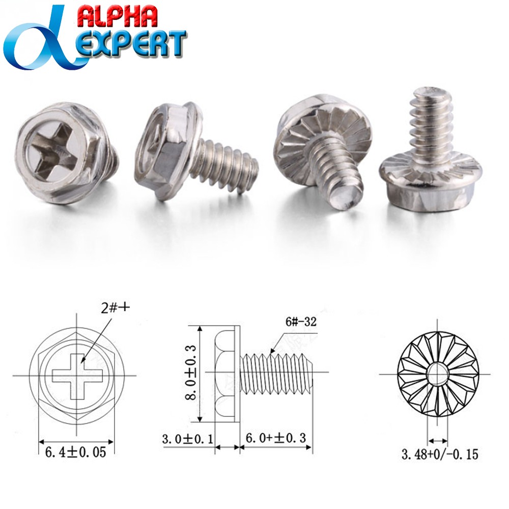 น็อตคอมพิวเตอร์ 10PCs Toothed Hex 6/32 Computer PC Case Hard Drive VGA Motherboard Mounting Screws 10X6mm(Black,Silve)