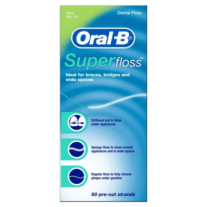 Oral-B Oral B Super Floss Waxed Mint ออรัลบี ไหมขัดฟัน รสมินท์ จำนวน 1 กล่อง บรรจุ 50 เส้น 04720