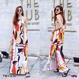 TW13236 Maxi Dress เดรสยาว สายเดี่ยว เนื้อผ้า 100D ลายกราฟฟิกสีสันสดใส ชายผ่าข้างและมีกระเป๋าข้างสองข้างเลยจ้า