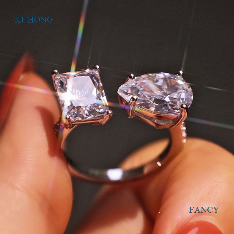 Kuhong น่ารัก วิบวับ เพทาย หิน ปรับได้ แหวนสีเงิน สําหรับผู้หญิง หมั้น แต่งงาน เครื่องประดับแฟชั่น