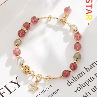 MINDO สร้อยข้อมือหินสตรอเบอรี่ควอตซ์ (Strawberry Quartz) และสร้อยข้อมือหินมูนสโตน MOON STONEพูกุหลาบ