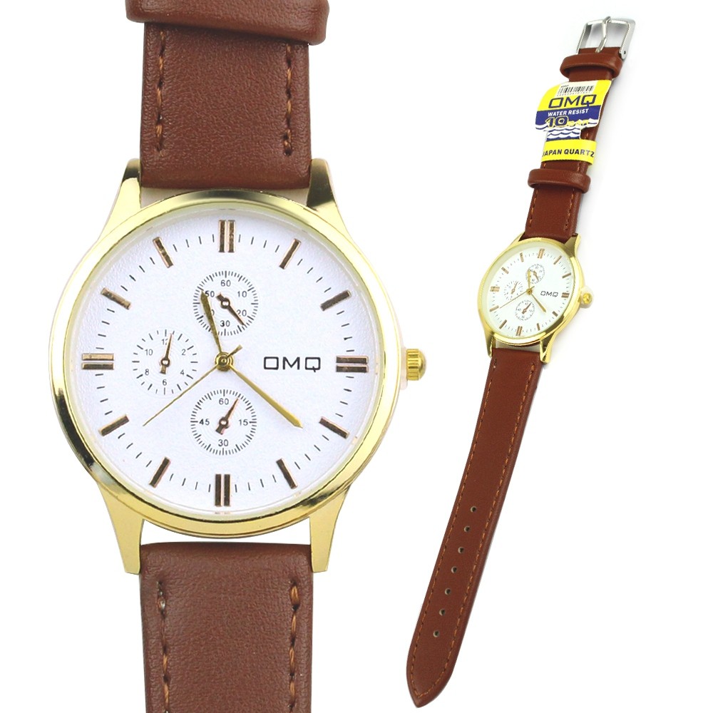 Telecorsa นาฬิกาข้อมือวินเทจ รุ่น Classic-circle-leather-gold-chronograph-quartz-watch-00e-K2