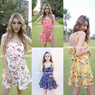 👗Pfashion [ส่งไว!!🚛] P8457  เดรสสั้น สายเดี่ยว ผูกหลัง ลายกราฟฟิก  Short dress, one-shoulder, tied back, graph