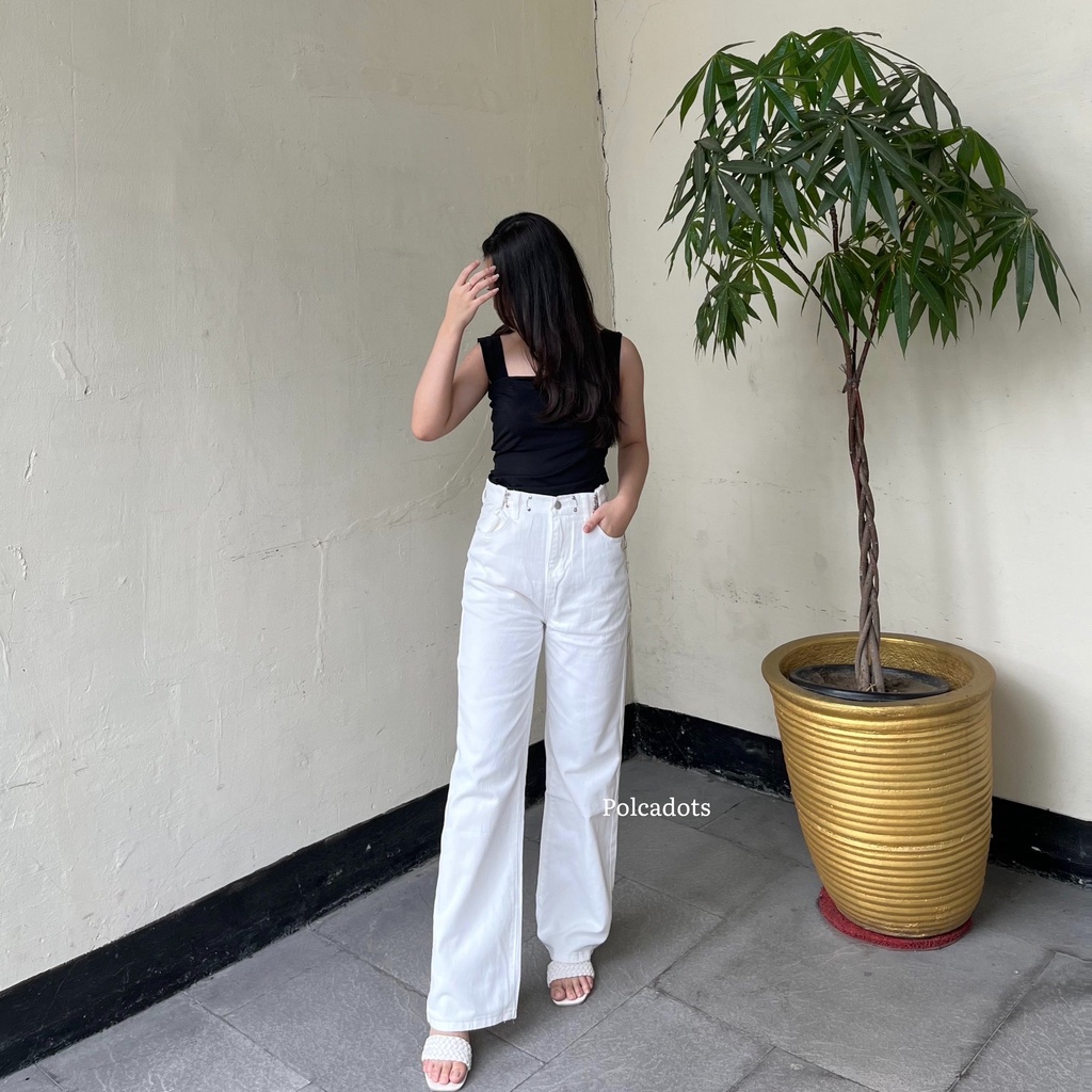 Cara Jeans - กางเกงยีนส์เอวสูงสีขาว Baggy สําหรับผู้หญิง XS-XXL