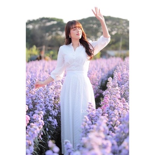 เดรสสีขาว คอจีน ผ้าฉลุ
