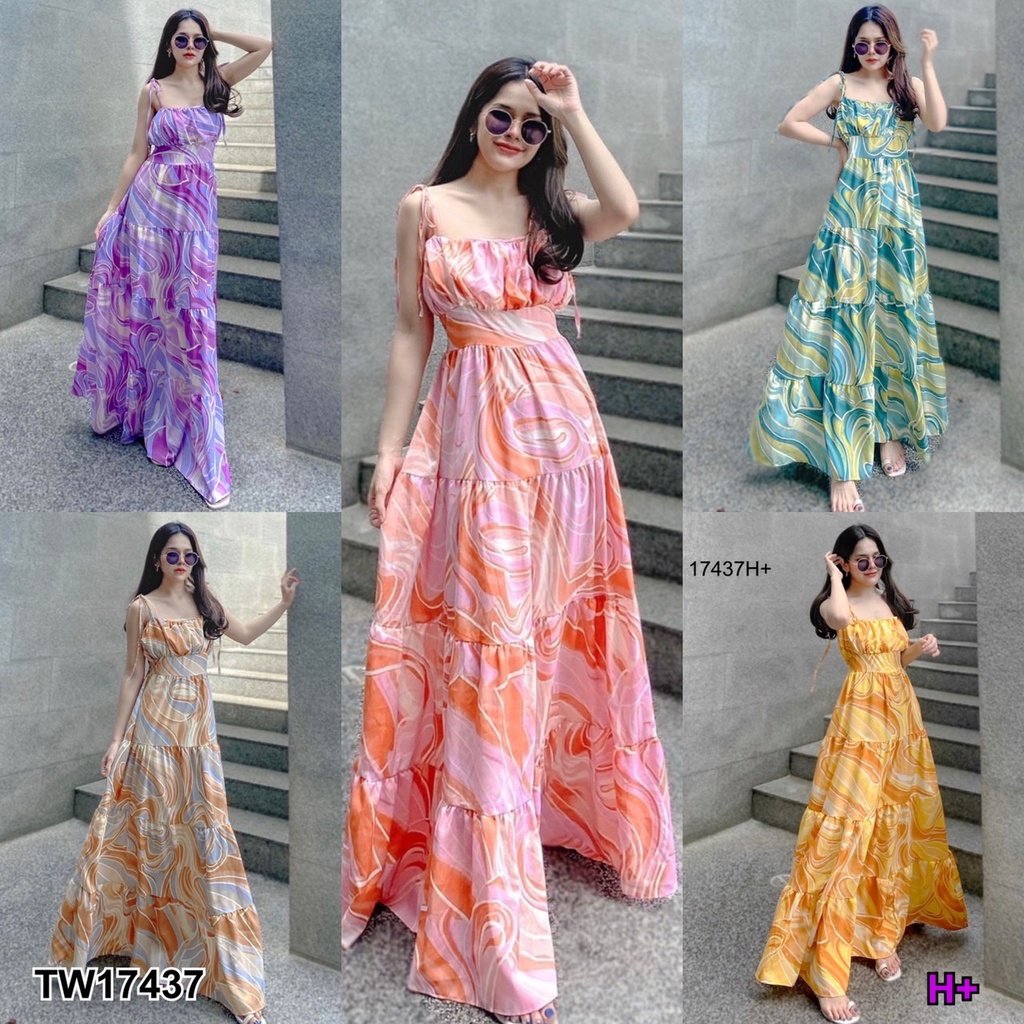 PP17437 แม็กซี่เดรสสายเดี่ยวผูกไหล่ พิมลายหินอ่อน