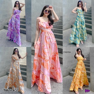 17437 Dress แม็กซี่เดรสสายเดี่ยวผูกไหล่ พิมลายหินอ่อน One-shoulder maxi dress in marble print