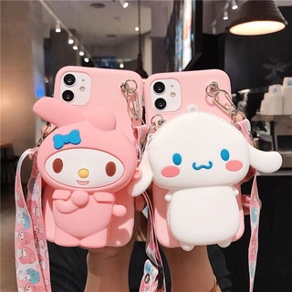 เคสโทรศัพท์ For iPhone 6 6S 7 8 Plus X XS MAX XR 13 12 Mini 11 Pro Max Cartoon Soft TPU Coin Back Cover Cute 3D Cinnamon Dog Melody Wallet Bags Phone Case With Lanyard