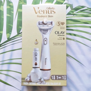 (Gillette®) Venus Radiant Skin for Women 5 Nuluxe Blades + Olay Moisturizer Pear Powder 1 Razor, 1 Cartridge, 1 Moisturizer 16 ml ยิลเลตต์วีนัส ชุดมีดโกนพร้อมมอยส์เจอร์ไร สำหรับผู้หญิง