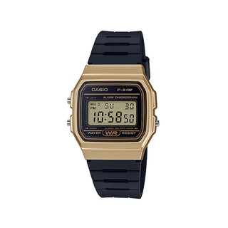 F-91W-9A Casio Original Standard นาฬิกาข้อมือ สายเรซิ่นสีดำ ขอบทอง