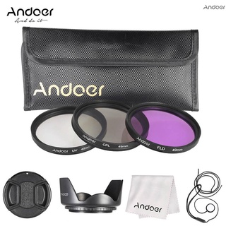 Andoer ชุดฟิลเตอร์ 49 มม. (Uv+Cpl+Fld) + กระเป๋าไนล่อน + ฝาครอบเลนส์ + ฝาครอบเลนส์ + ฝาครอบเลนส์ + ฮู้ดเลนส์ + ผ้าทําความสะอาดเลนส์