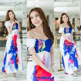 Lady sunshine Maxi Dress แม็กซี่เดรสตัวยาว ปาดไหล่แสนสวย พิมพ์ลายสดใส ผ้าดีมีน้ำหนัก ซับในทั้งชุด