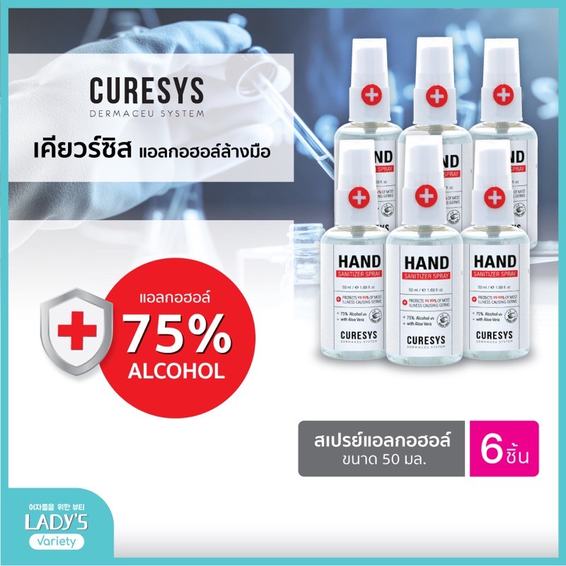 🔥ซื้อเยอะ มีราคาส่ง🔥Curesys hand sanitizer spray 50ml Pack6 alcohol75% สเปรย์ล้างมือแอลกอฮอลล์ สเปรย