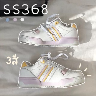 SS368 รองเท้าผ้าใบ sneakers สีพาสเทลแต่งสองแถบข้าง งานหนังพรีเมียม ขาวล้วน/ฟ้า/ชมพูเหลือง