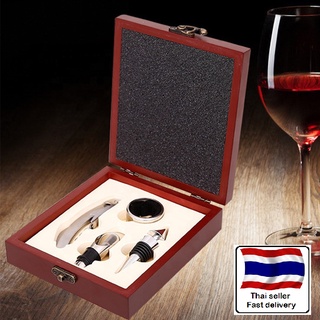 4pcs Multi‑Functional Wooden Wine Bottle Opener Kit Corkscrew Stopper Wine Pourer Gift Box Set ที่เปิดขวดไวน์ไม้อเนกประส