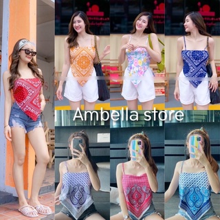 🍊สินค้าพร้อมส่ง Ambella🍊เสื้อสายเดี่ยวปลายสามเหลี่ยม ผูกหลัง ใส่ได้2ด้าน ผ้าพิมพ์ลายใส่สบาย อัพเดตลายใหม่เยอะมาก